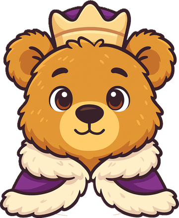 King Bear, a smiling teddy bear in a gold crown and a purple cloak with white fur trim
