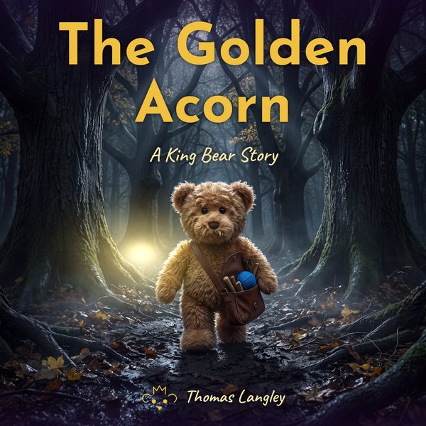 Cover of The Golden Acorn: a small teddy bear with a satchel walks through a dark wood towards a golden glow